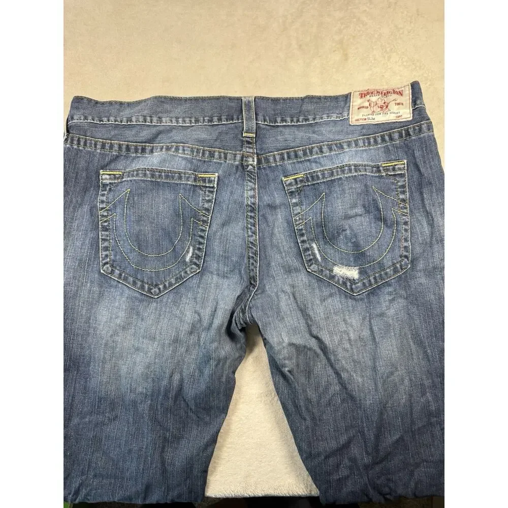 True Religion Mens Jeans Size 44 Blue Denim Straight Leg Distressed Y2K